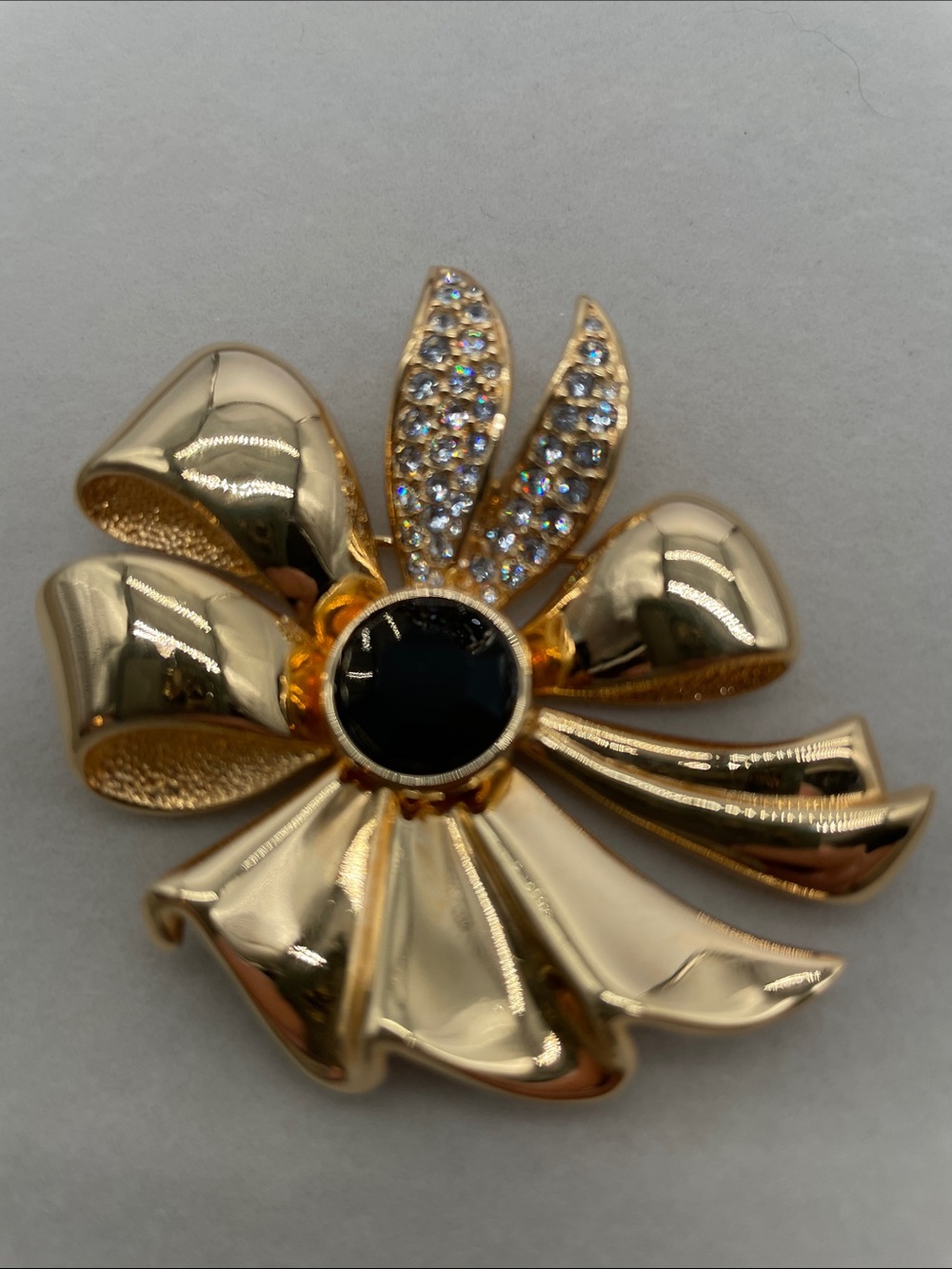 Swarovski Gold Bow Brooch with Black Center and Crystal Petals